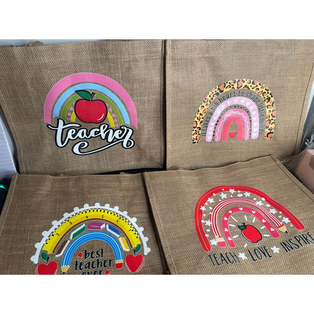 Teacher Appreciation Burlap Jute Tote Bag Rainbow‎ Apple Leopard Print Reusable
